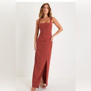 Lulus Glamorous Disposition Rust Ruched Maxi Dress - Size M